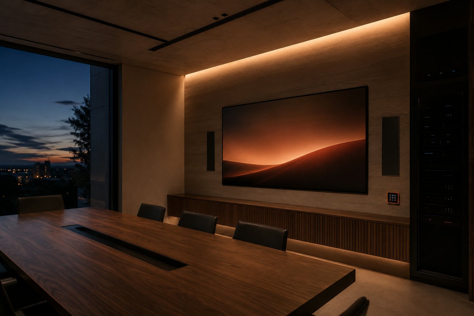 Media room with an integrated screen, cove lighting and wall control panels.