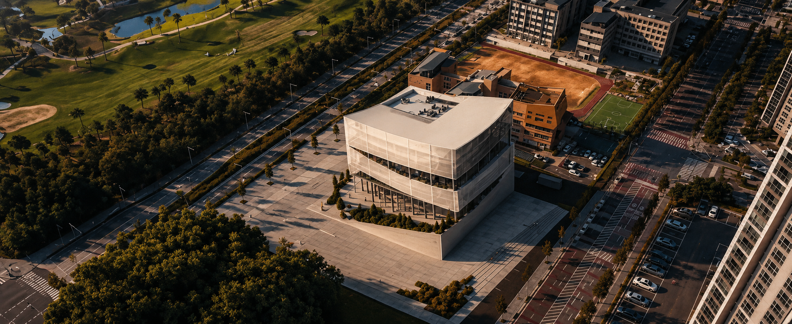 Aerial dusk view of a contemporary curved building in a landscaped plaza.